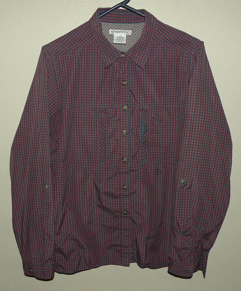 ExOfficio Women’s XL LS Vented Button Shirt Red/Blue Plaid Nylon Blend